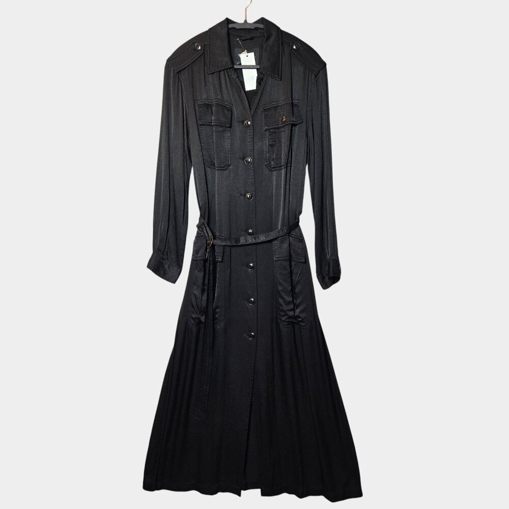 Burning Torch Hanover Trench Coat Dress Belted Button Down Maxi Black XS NWT